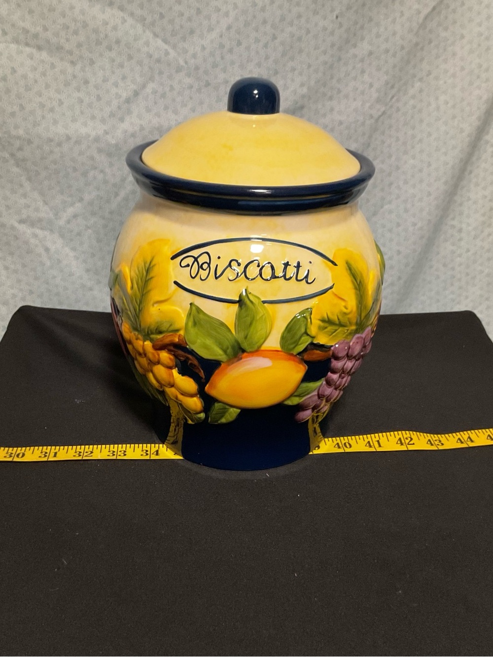 Biscotti Yellow and Navy Ceramic Biscotti Jar with Fruit Motif